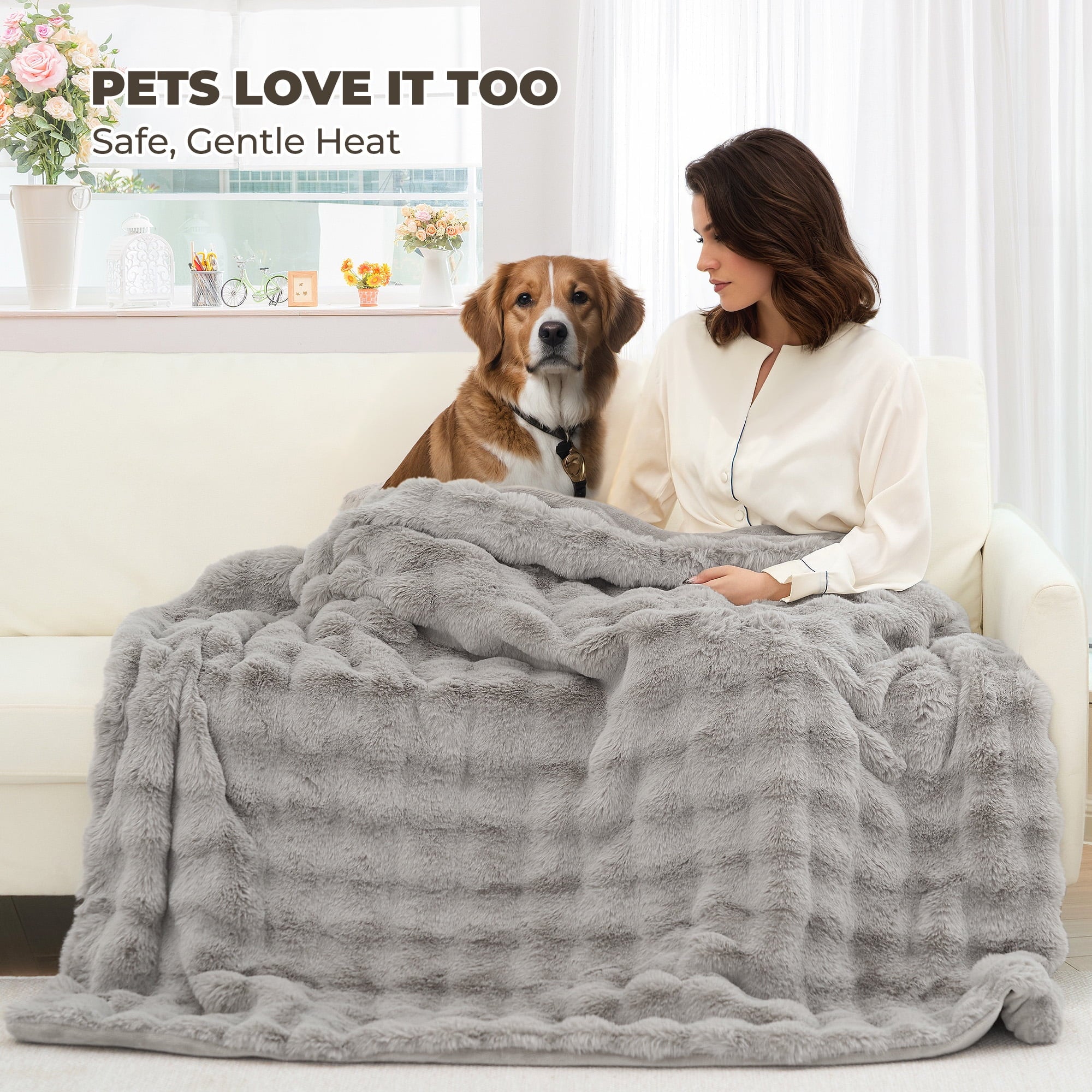 Indulge in Warmth: MARNUR Electric Throw Blanket with 6 Heat Settings, Plush Faux Fur, and 4-Hour Timer - Cozy Gray Design