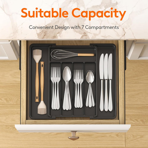 Expandable Silverware Organizer, Plastic Utensil Tray for Kitchen Drawer, BPA Free Flatware Cutlery Holder, Space-Saving Storage for Spoons Forks Knives, 8.5-14 X 12 X 1.5 Inch, Black