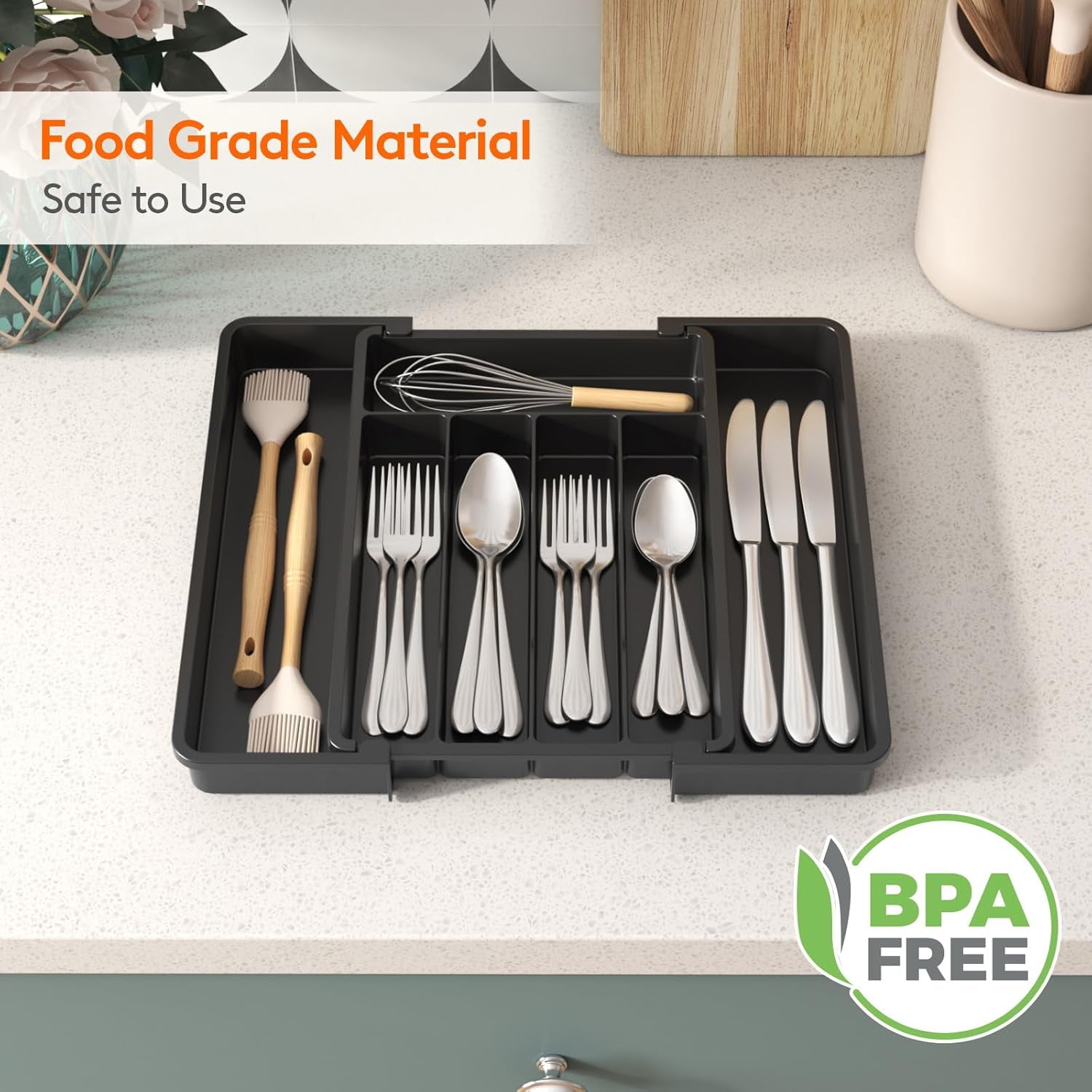 Expandable Silverware Organizer, Plastic Utensil Tray for Kitchen Drawer, BPA Free Flatware Cutlery Holder, Space-Saving Storage for Spoons Forks Knives, 8.5-14 X 12 X 1.5 Inch, Black