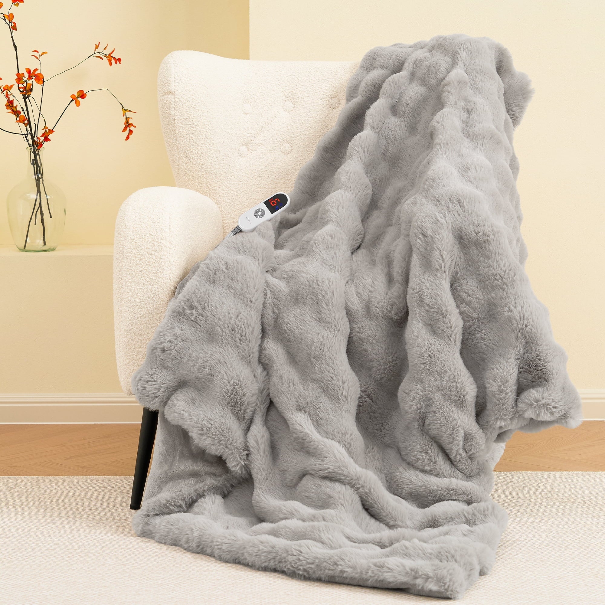 Indulge in Warmth: MARNUR Electric Throw Blanket with 6 Heat Settings, Plush Faux Fur, and 4-Hour Timer - Cozy Gray Design