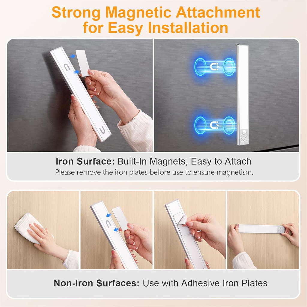 Illuminate Your Space with the 10.2-Inch Rechargeable Under Cabinet Lighting 2-Pack - 3 Color Temperatures, 5 Brightness Levels, Motion Sensor, and Easy Magnetic Installation!