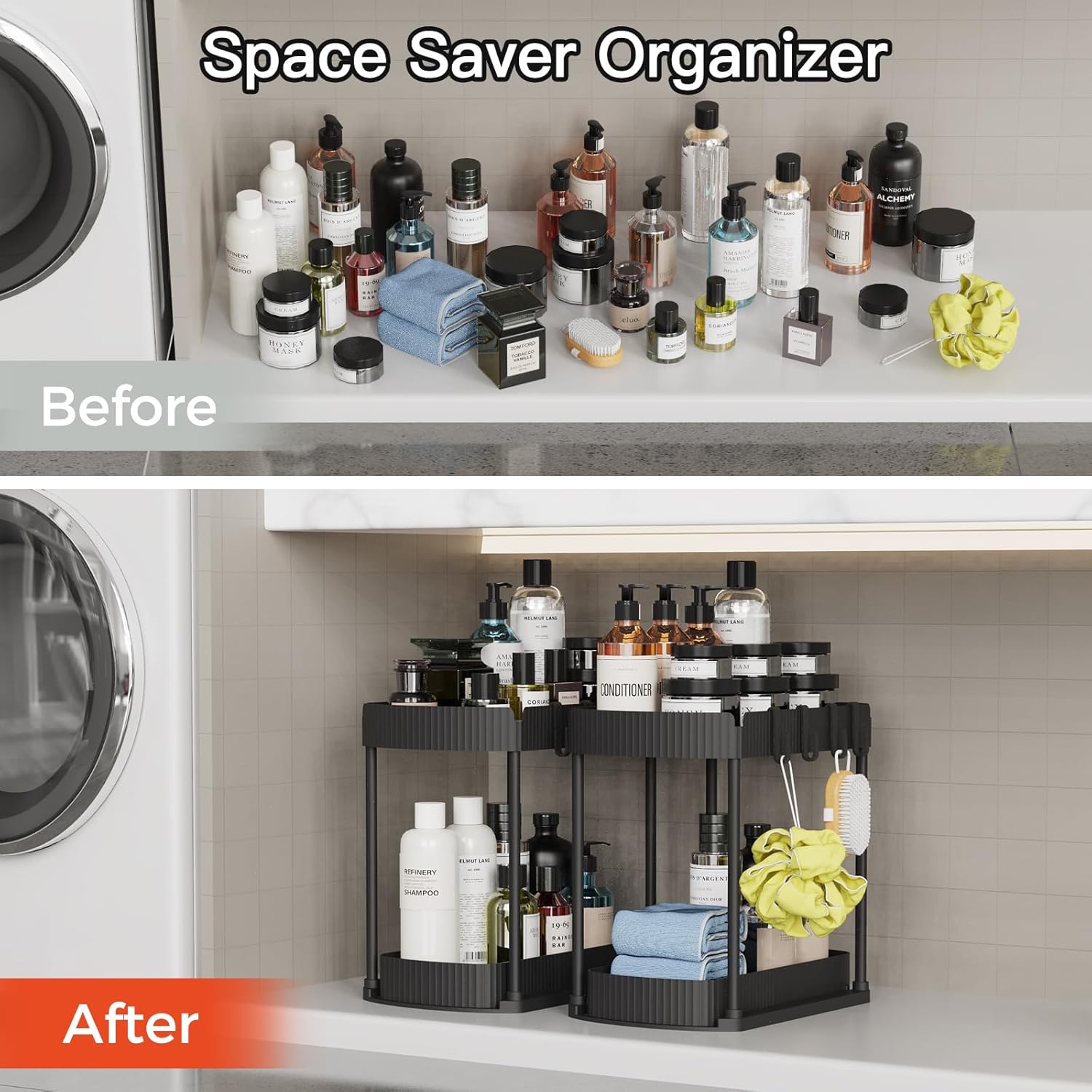 Maximize Your Space with Our Multi-Purpose Pull-Out Storage Organizers - Perfect for Bathroom & Kitchen, Black, 12.8 Inches, Set of 2