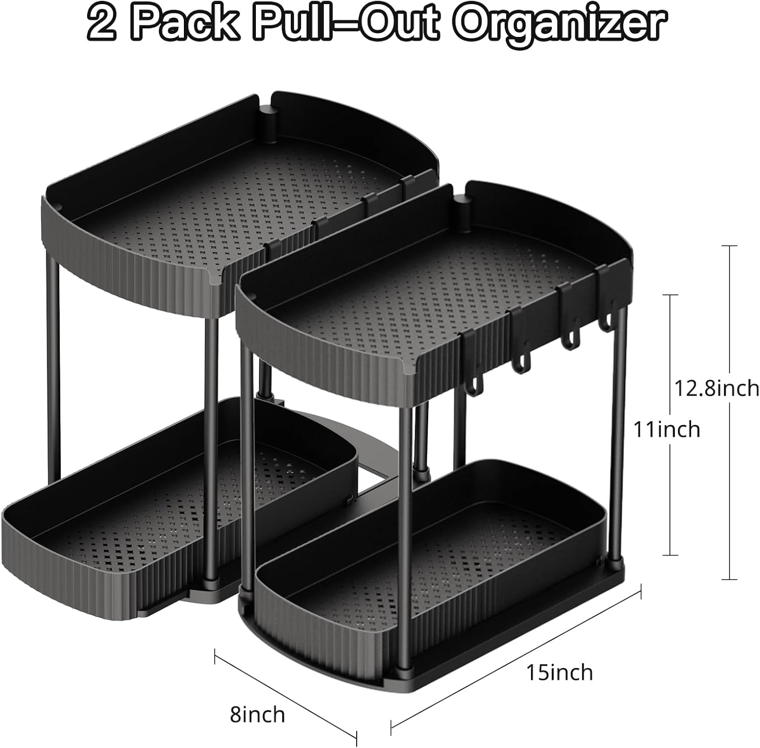 Maximize Your Space with Our Multi-Purpose Pull-Out Storage Organizers - Perfect for Bathroom & Kitchen, Black, 12.8 Inches, Set of 2