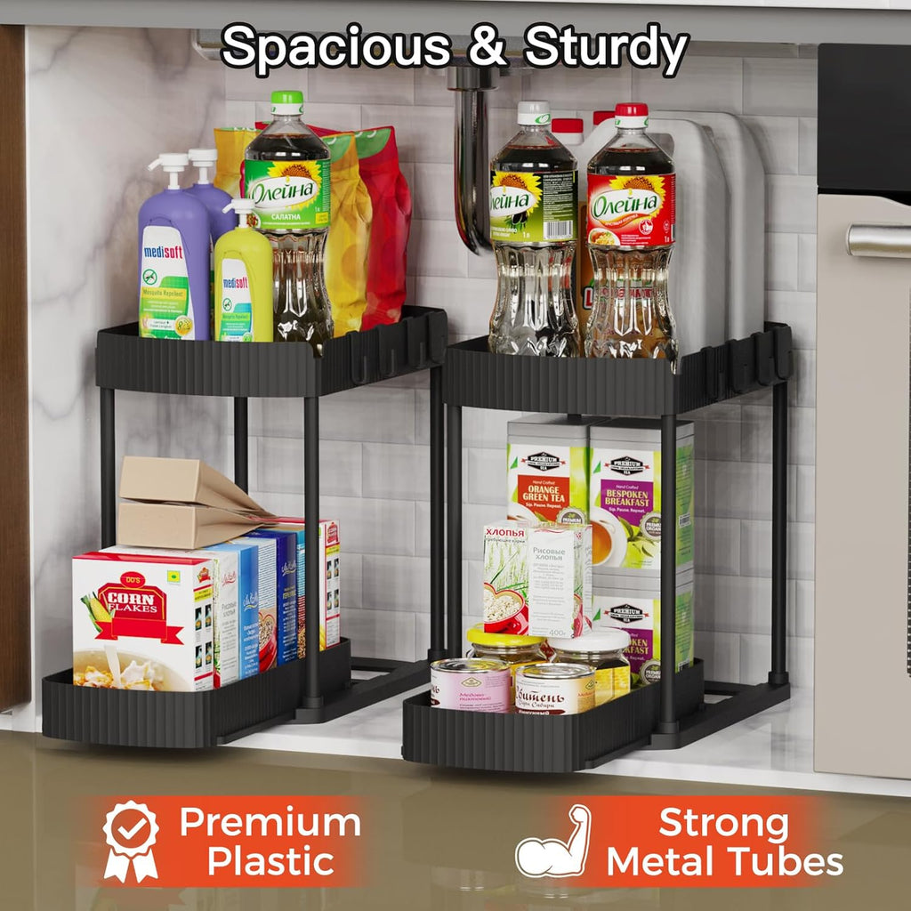 Maximize Your Space with Our Multi-Purpose Pull-Out Storage Organizers - Perfect for Bathroom & Kitchen, Black, 12.8 Inches, Set of 2