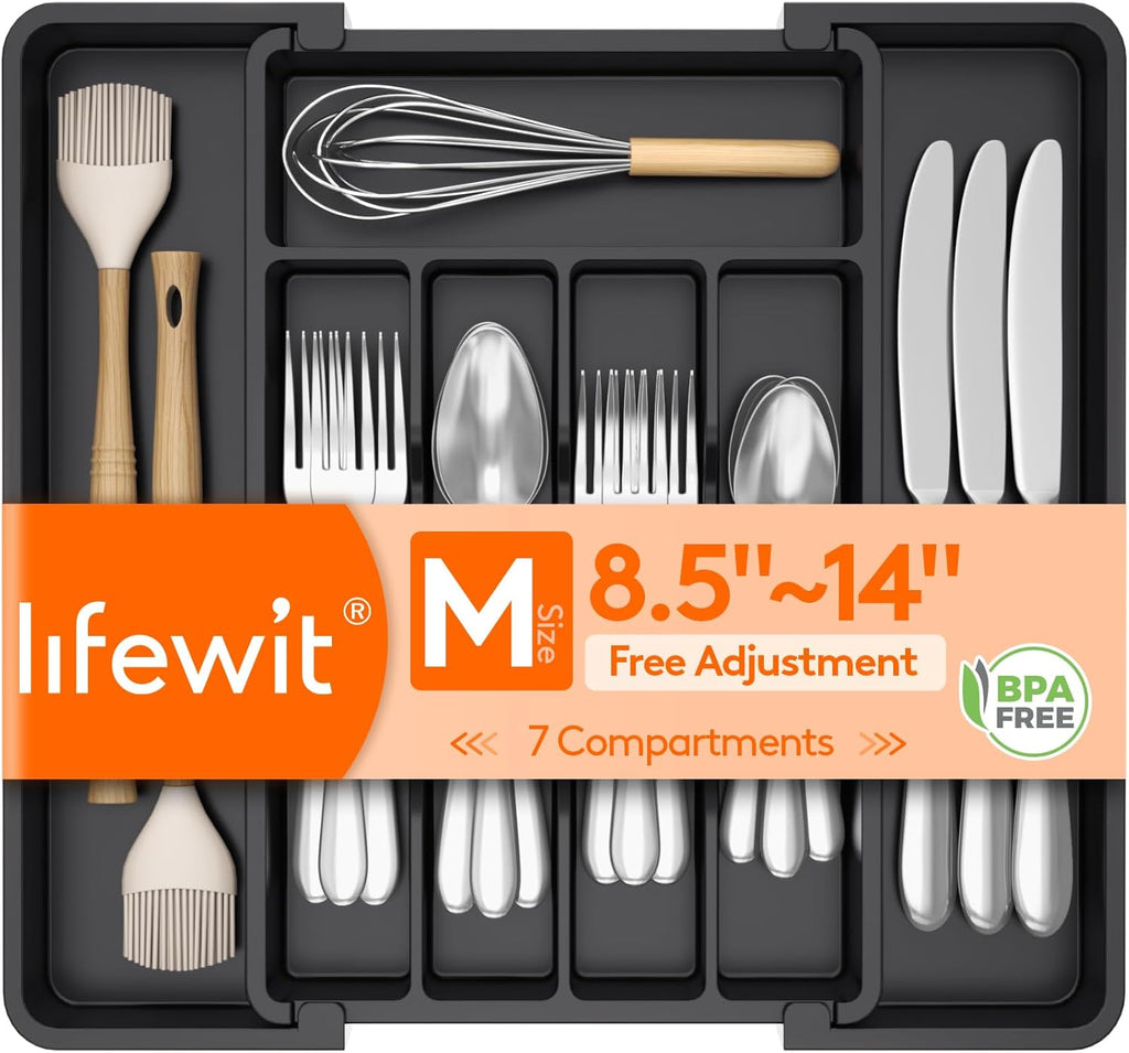 Expandable Silverware Organizer, Plastic Utensil Tray for Kitchen Drawer, BPA Free Flatware Cutlery Holder, Space-Saving Storage for Spoons Forks Knives, 8.5-14 X 12 X 1.5 Inch, Black