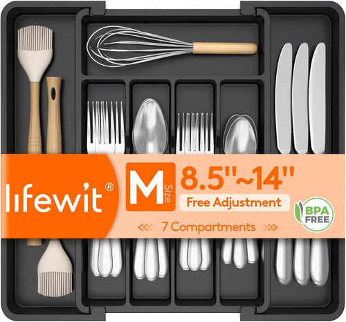 Expandable Silverware Organizer, Plastic Utensil Tray for Kitchen Drawer, BPA Free Flatware Cutlery Holder, Space-Saving Storage for Spoons Forks Knives, 8.5-14 X 12 X 1.5 Inch, Black
