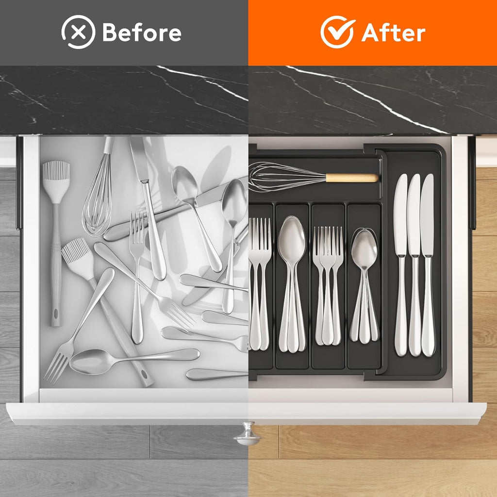 Expandable Silverware Organizer, Plastic Utensil Tray for Kitchen Drawer, BPA Free Flatware Cutlery Holder, Space-Saving Storage for Spoons Forks Knives, 8.5-14 X 12 X 1.5 Inch, Black