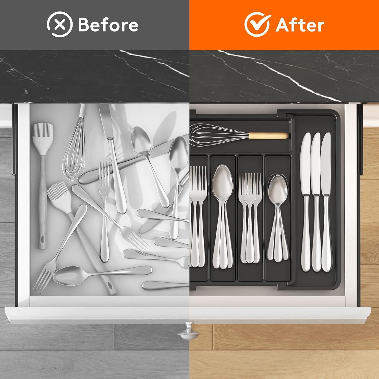 Expandable Silverware Organizer, Plastic Utensil Tray for Kitchen Drawer, BPA Free Flatware Cutlery Holder, Space-Saving Storage for Spoons Forks Knives, 8.5-14 X 12 X 1.5 Inch, Black