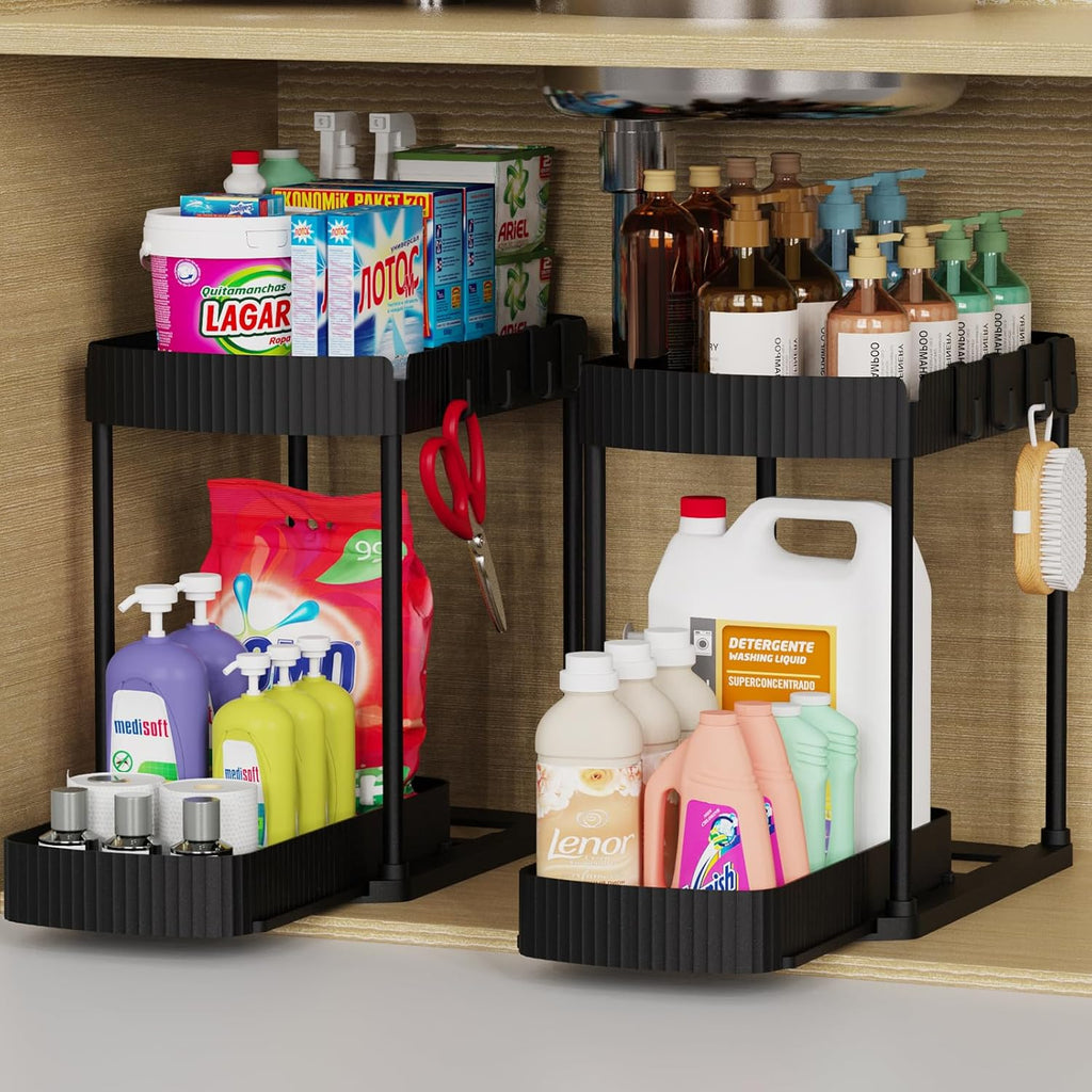 Maximize Your Space with Our Multi-Purpose Pull-Out Storage Organizers - Perfect for Bathroom & Kitchen, Black, 12.8 Inches, Set of 2
