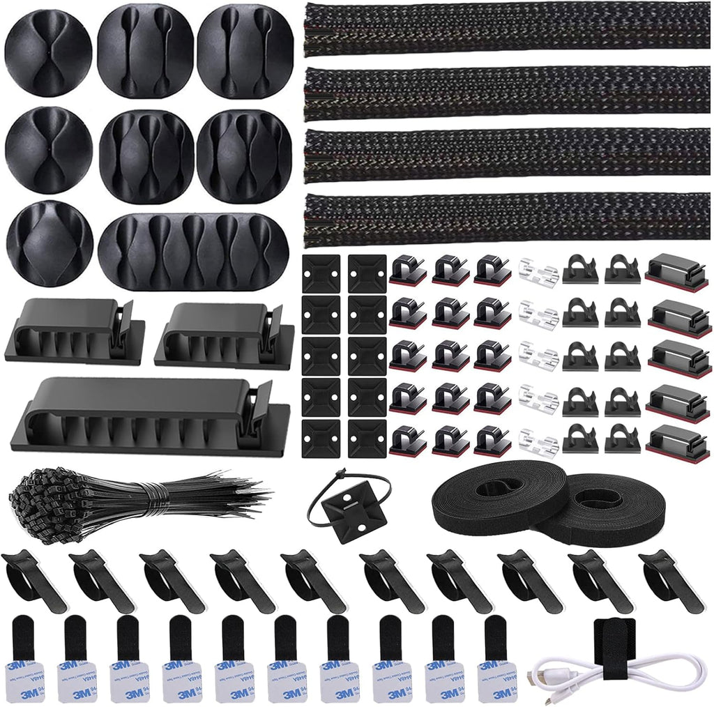 Ultimate 192 PCS Cable Management Kit - Organize Your Cords with Ease! Includes Wire Organizer Sleeves, Cable Holders, Clips, Straps, and Fastening Ties in Sleek Black and Clear Design