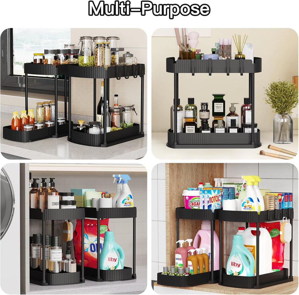 Maximize Your Space with Our Multi-Purpose Pull-Out Storage Organizers - Perfect for Bathroom & Kitchen, Black, 12.8 Inches, Set of 2