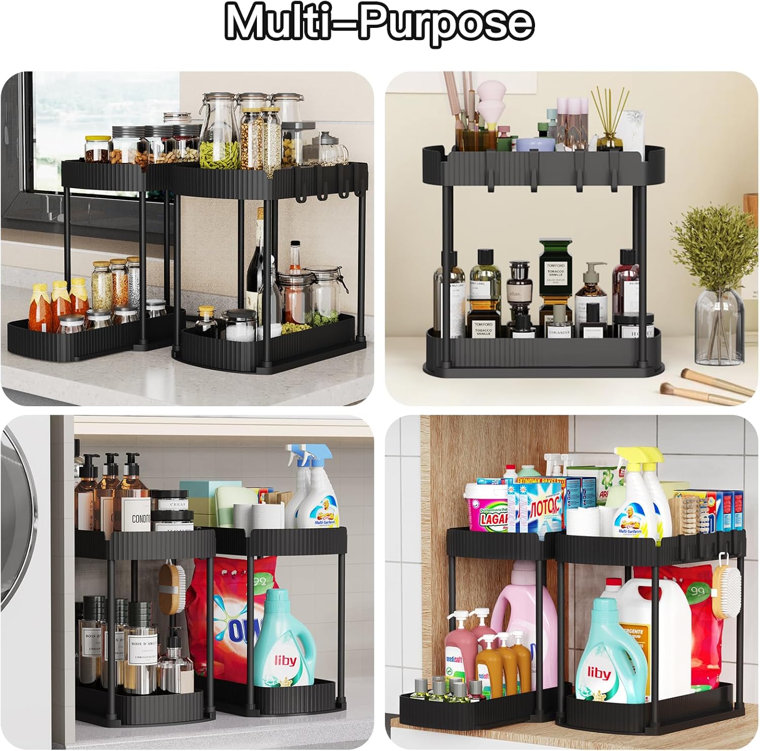 Maximize Your Space with Our Multi-Purpose Pull-Out Storage Organizers - Perfect for Bathroom & Kitchen, Black, 12.8 Inches, Set of 2
