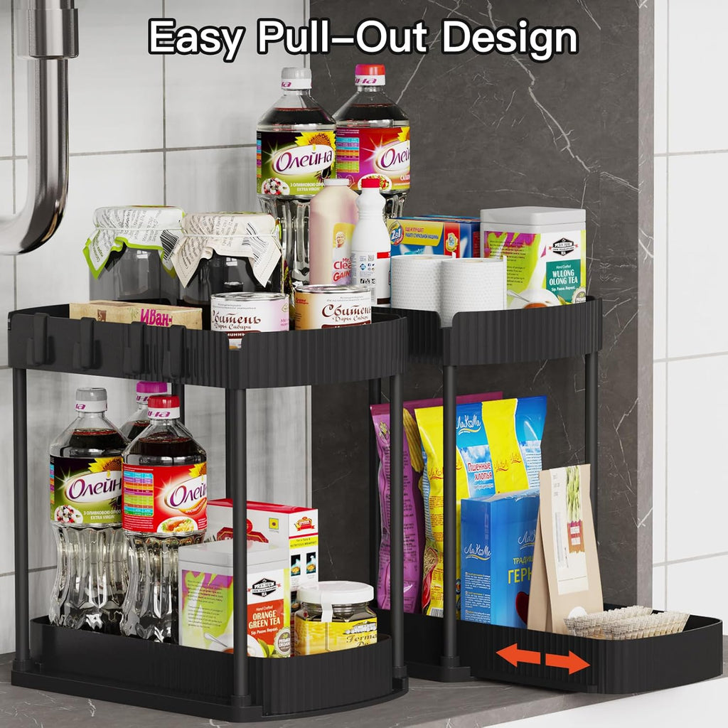 Maximize Your Space with Our Multi-Purpose Pull-Out Storage Organizers - Perfect for Bathroom & Kitchen, Black, 12.8 Inches, Set of 2