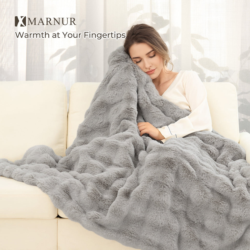 Indulge in Warmth: MARNUR Electric Throw Blanket with 6 Heat Settings, Plush Faux Fur, and 4-Hour Timer - Cozy Gray Design