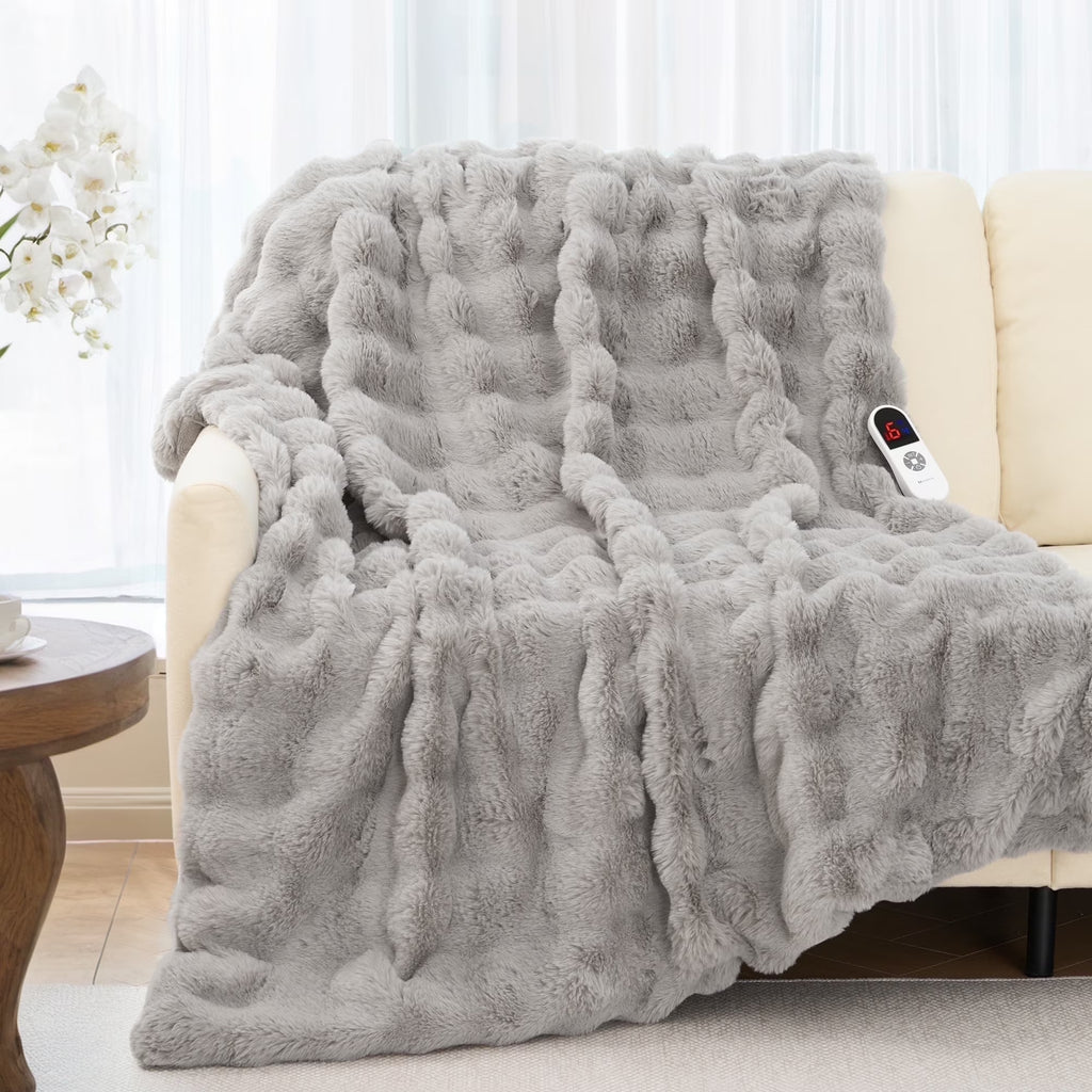 Indulge in Warmth: MARNUR Electric Throw Blanket with 6 Heat Settings, Plush Faux Fur, and 4-Hour Timer - Cozy Gray Design