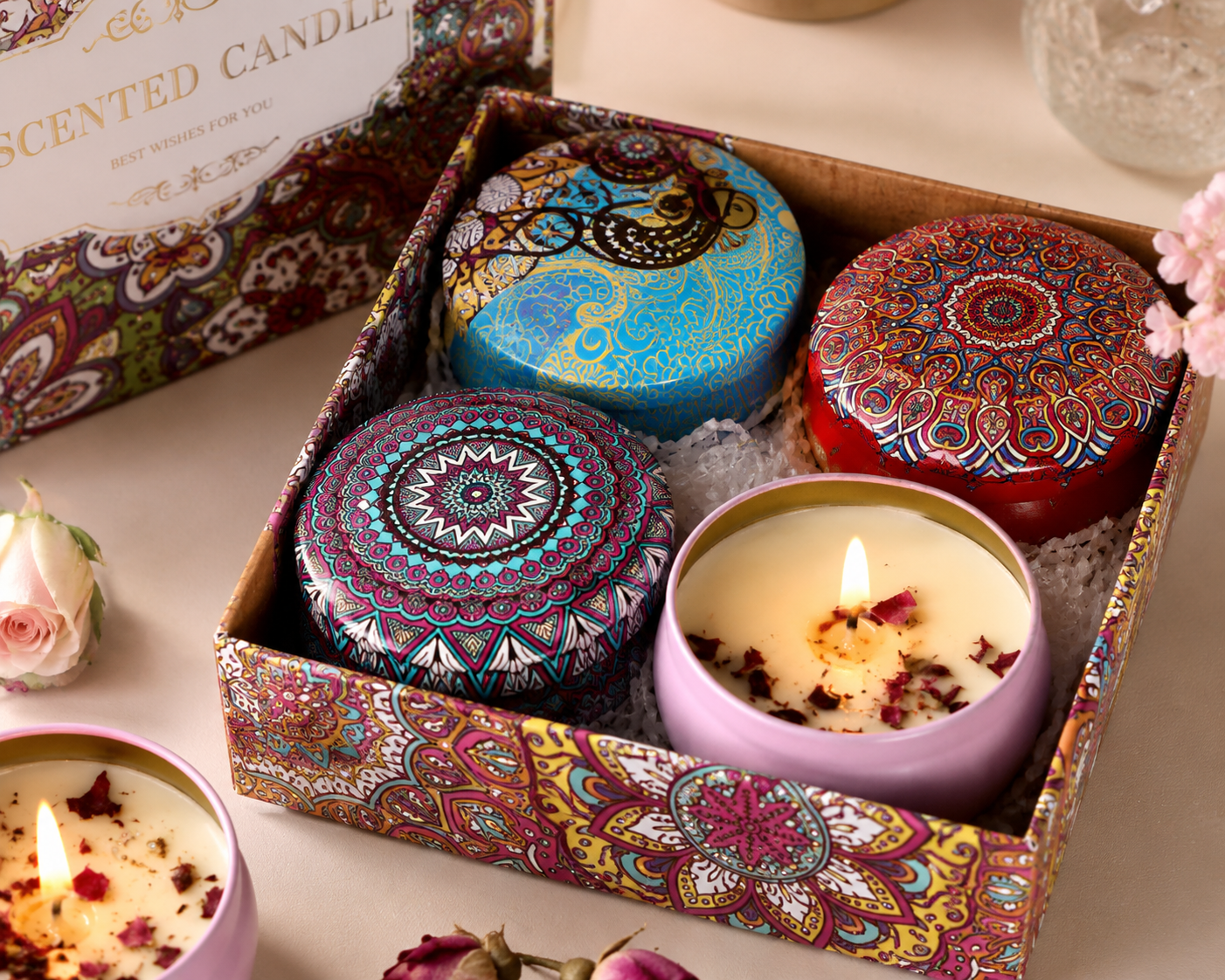 4PCS Scented Candle Gift Set – Vintage Flower Rose Lavender