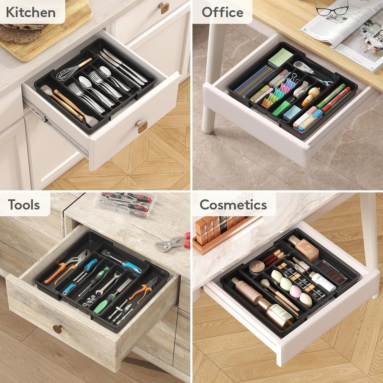 Expandable Silverware Organizer, Plastic Utensil Tray for Kitchen Drawer, BPA Free Flatware Cutlery Holder, Space-Saving Storage for Spoons Forks Knives, 8.5-14 X 12 X 1.5 Inch, Black