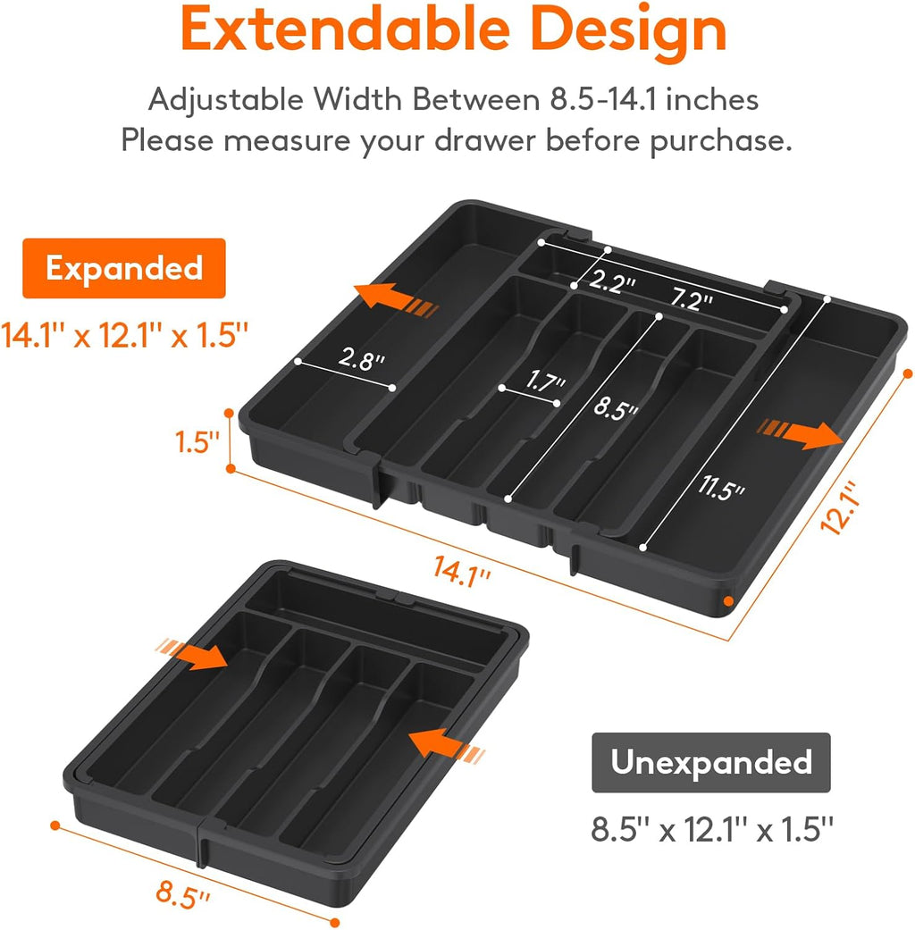 Expandable Silverware Organizer, Plastic Utensil Tray for Kitchen Drawer, BPA Free Flatware Cutlery Holder, Space-Saving Storage for Spoons Forks Knives, 8.5-14 X 12 X 1.5 Inch, Black