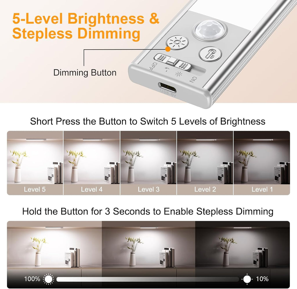 Illuminate Your Space with the 10.2-Inch Rechargeable Under Cabinet Lighting 2-Pack - 3 Color Temperatures, 5 Brightness Levels, Motion Sensor, and Easy Magnetic Installation!