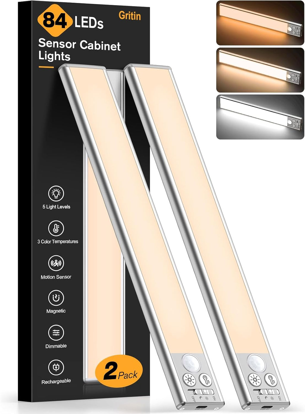 Illuminate Your Space with the 10.2-Inch Rechargeable Under Cabinet Lighting 2-Pack - 3 Color Temperatures, 5 Brightness Levels, Motion Sensor, and Easy Magnetic Installation!