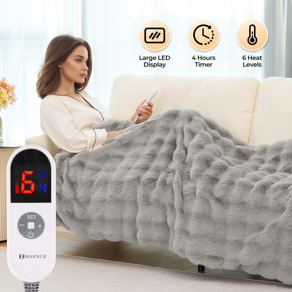 Indulge in Warmth: MARNUR Electric Throw Blanket with 6 Heat Settings, Plush Faux Fur, and 4-Hour Timer - Cozy Gray Design